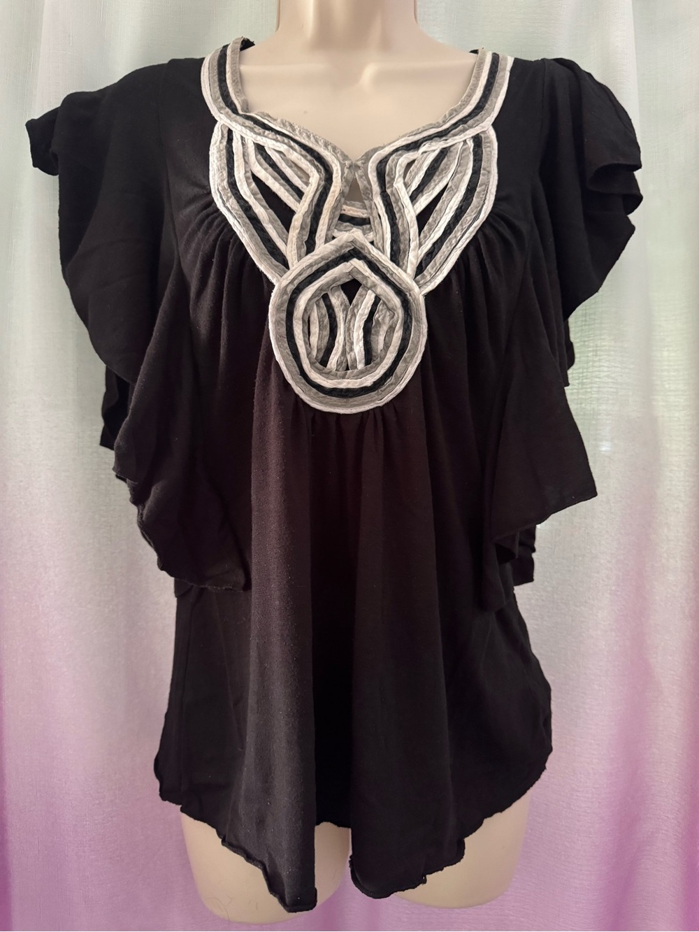Fashion Bug Black top with White and Gray Embroidered Neckline